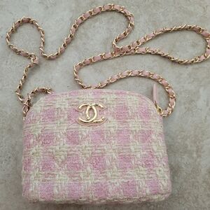 Chanel Pink and Cream Tweed Crossbody Cosmetic Bag